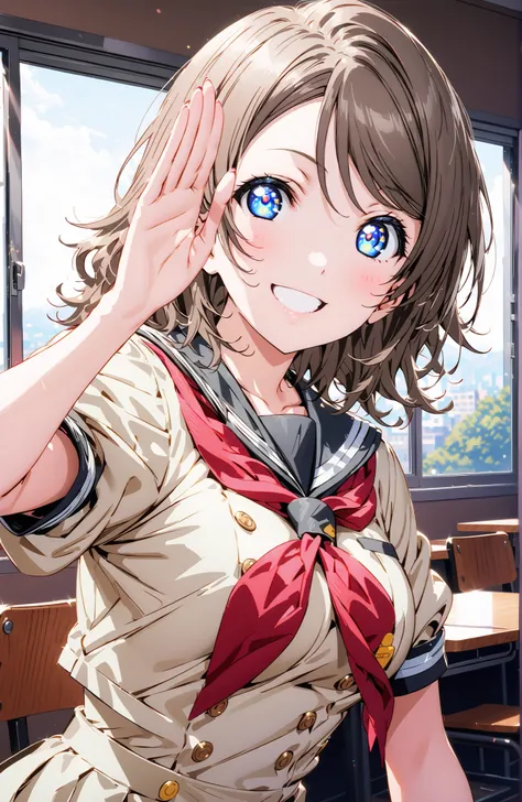 solo, 1 girl, Watanabe, short hair, medium breasts, Hair,blue eyes,smile,blush,grinning,
break skirt, uniform, short sleeve, pleated skirt, sailor suits, socks, neckerchief, black socks, (red neckerchief:1.2), grey skirt, uranohoshi uniform,She is holding ...