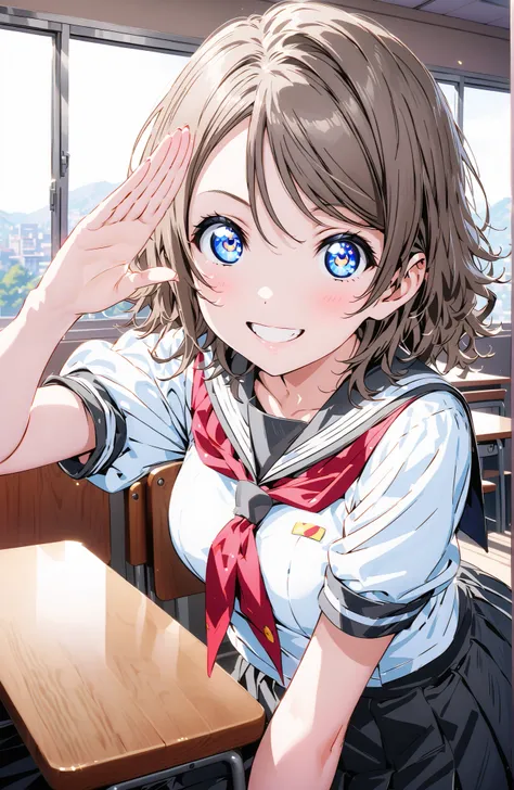 solo, 1 girl, Watanabe, short hair, medium breasts, Hair,blue eyes,smile,blush,grinning,
break skirt, uniform, short sleeve, pleated skirt, sailor suits, socks, neckerchief, black socks, (red neckerchief:1.2), grey skirt, uranohoshi uniform,She is holding ...