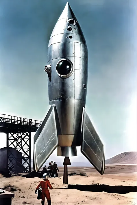 ((( classic sci-fi television series ))), pictures, very realistic, scenes from old 1950s sci-fi movie series、rocket発射基地の広大な背景に平らなグランデが見えます, ((( 1950s ))), ancient aesthetics , scenes from 1950s sci-fi movie , Retro_rocket, nave espacial estilo Retro, wit...
