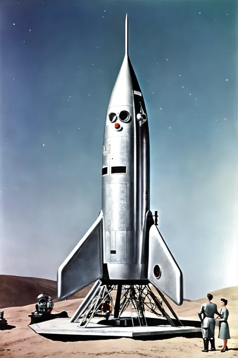 ((( classic sci-fi television series ))), pictures, very realistic, scenes from old 1950s sci-fi movie series、rocket発射基地の広大な背景に平らなグランデが見えます, ((( 1950s ))), ancient aesthetics , scenes from 1950s sci-fi movie , Retro_rocket, nave espacial estilo Retro, wit...