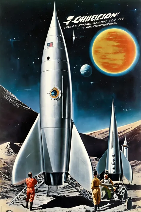 ((( classic sci-fi television series ))), pictures, very realistic, scenes from old 1950s sci-fi movie series、rocket発射基地の広大な背景に平らなグランデが見えます, ((( 1950s ))), ancient aesthetics , scenes from 1950s sci-fi movie , Retro_rocket, nave espacial estilo Retro, wit...