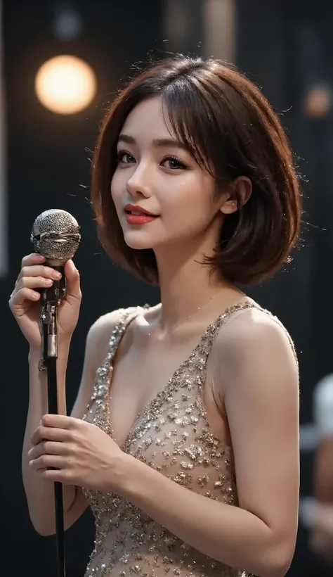 Here’s your **ultra-detailed, hyper-realistic AI image prompt** for a stunning singer standing with a microphone in a moody, cinematic setting:
---
### **Prompt:**
**"A breathtakingly beautiful female singer, standing elegantly on a dimly lit stage, ...