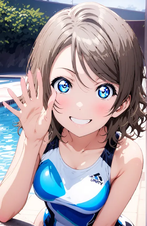 solo, 1 girl, Watanabe, short hair, medium breasts, Hair,blue eyes,smile,blush,grinning,
competitive swimsuit,standing,Bare legs,She is holding a bouquet of flowers with her left arm,is in a salute pose with his right hand,standing,noon,break indoors,Swimm...