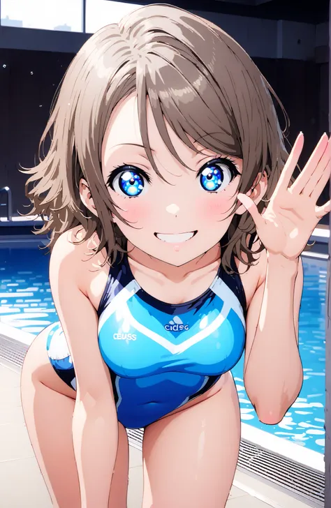 solo, 1 girl, Watanabe, short hair, medium breasts, Hair,blue eyes,smile,blush,grinning,
competitive swimsuit,standing,Bare legs,She is holding a bouquet of flowers with her left arm,is in a salute pose with his right hand,standing,noon,break indoors,Swimm...