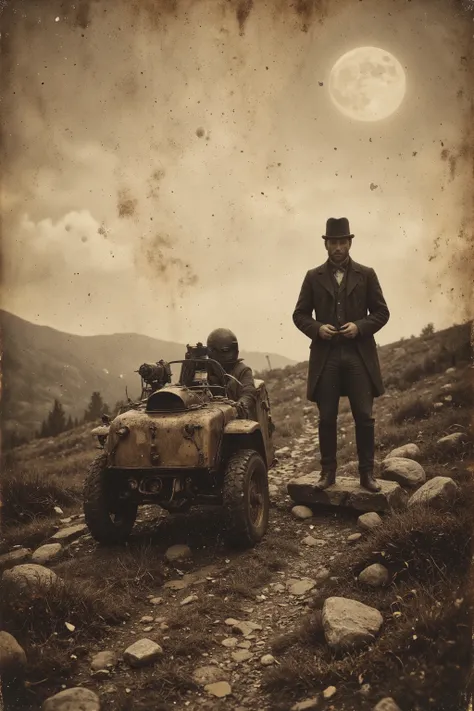 antqgldnCE style, Jed-stmpnk, steampunk,
Photorealism,
((A scene from a live-action movie)),
Incredibly detailed,
19th century photo, antique photo, sepia toned photo,
Richard Clifford and his lander, the first man to land on the moon in 1812,