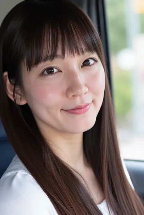 Beautiful 21 year old woman、Riho。with long brown hair and bangs、35mm photo with sharp focus.  her skin is white as snow 、The figure is slim , and sexy cleavage . She has a perfect slim figure and a beautiful face.  she has Japanese heritage 、 has milky whi...