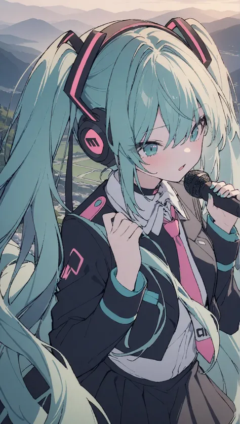 nice, masterpiece, 最High Quality, landscape, high resolution,4K, wallpaper, masterpiece, 最High Quality, High Quality, anime, Hatsune Miku, uniform, Singing , microphone