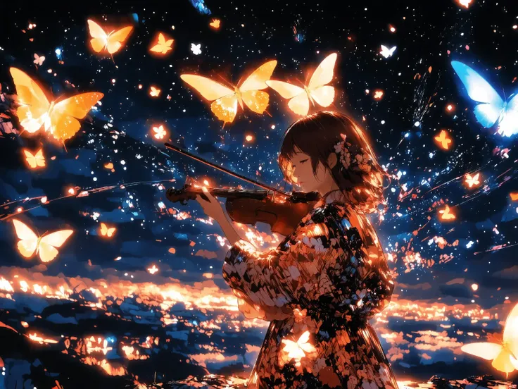A girl in a floral-patterned kimono plays a violin on a cliff beneath a starry sky, her full figure shown in a close-up, surrounded by a breathtaking dance of light. As her bow glides over the strings, radiant butterflies and feathers made entirely of glow...