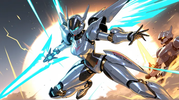 Female Robot, Sleek Mecha Mask, Mecha Knight Armor, complex engraving, Energy Blade, dynamic pose, A fierce battle