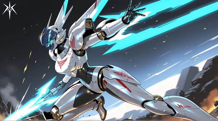 Female Robot, Sleek Mecha Mask, Mecha Knight Armor, complex engraving, Energy Blade, dynamic pose, A fierce battle