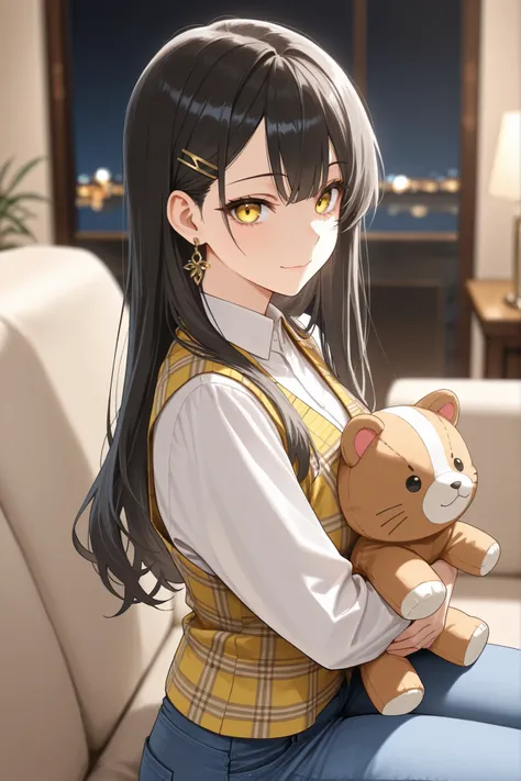 score_9, score_8_up, score_7_up, masterpiece, best quality, detailed face, 1 girl, solo, beautiful, modest chest, slender body, mature, light makeup, adorable, sharp eyes, closed mouth, gentle smile,
Long hair, wavy black hair, side bangs, short tidy bang...