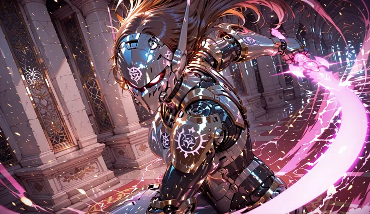 Female Robot, Sleek Mecha Mask, Mecha Knight Armor, complex engraving, Energy Blade, dynamic pose, A fierce battle
