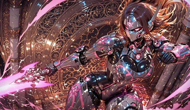 Female Robot, Sleek Mecha Mask, Mecha Knight Armor, complex engraving, Energy Blade, dynamic pose, A fierce battle