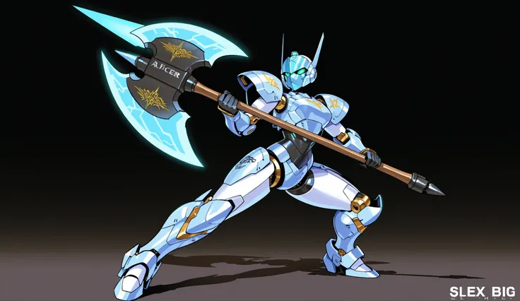 Female Robot, Sleek Mecha Mask, Mecha Knight Armor, complex engraving, Energy Big Axe, dynamic pose, A fierce battle