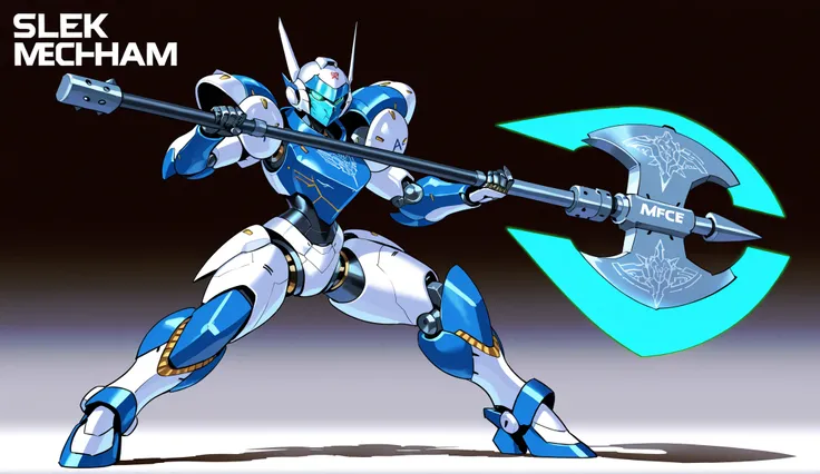 Female Robot, Sleek Mecha Mask, Mecha Knight Armor, complex engraving, Energy Big Axe, dynamic pose, A fierce battle