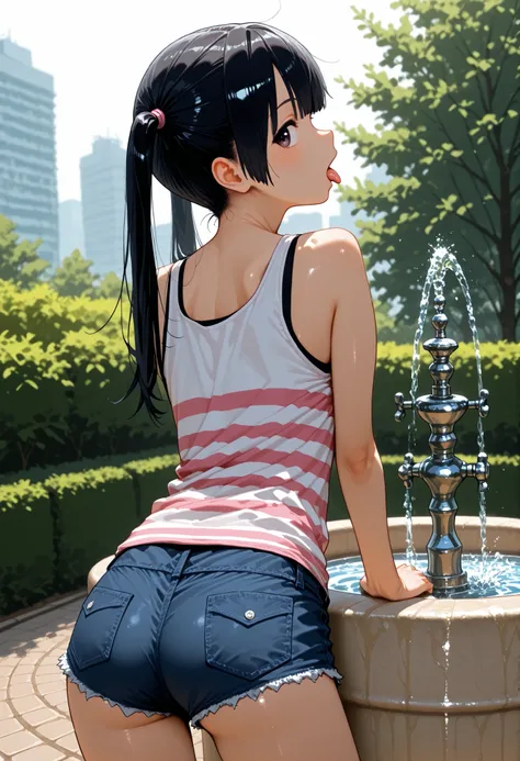 d_Giroo , 1 girl ,, tank top , hotpants , twin tails , black_hair , flin_chest , pink_ striped _太ももまin丈の靴下 , drink _FOUNTAIN , adjusted_hair , from behind, Profile , A quick glance_in_viewer , tongue_outside , leaning on_go ahead
