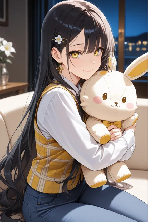 score_9, score_8_up, score_7_up, masterpiece, best quality, detailed face, 1 girl, solo, beautiful, modest chest, slender body, mature, light makeup, adorable, sharp eyes, closed mouth, gentle smile,
Very long hair, wavy black hair, side bangs, short tidy...