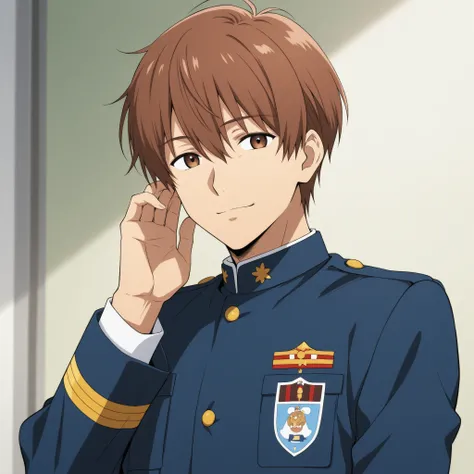 A brown-haired man in uniform with a kind face。With an anime-style touch