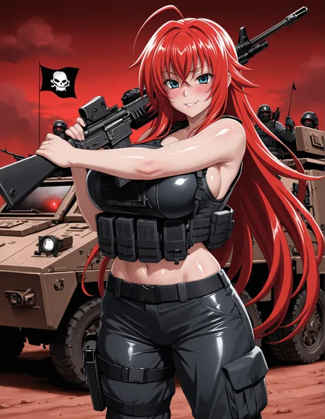 Rias Gremory, big breasts, (((bulletproof vest))), (((tactical pants))), soldier of hell, (((shiny skin))), in a hell, red sky, demon paradise, sexy pose, evil smile, blushing, holding a rifle, War zone, armored vehicles, special operations, black flags, 