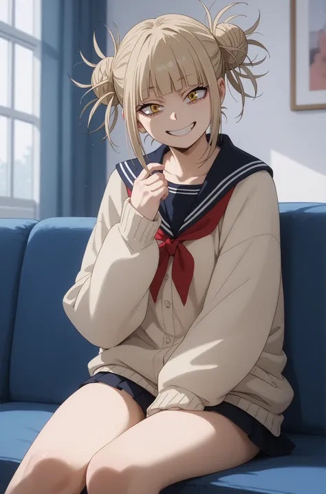 blouse Himiko toga sitting looking backwards at the spectator, smiling 