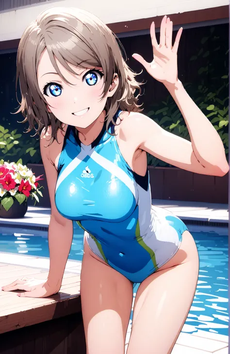 solo, 1 girl, Watanabe, short hair, medium breasts, Hair,blue eyes,smile,blush,grinning,
competitive swimsuit,standing,Bare legs,She is holding a bouquet of flowers with her left arm,is in a salute pose with his right hand,standing,noon,break indoors,Swimm...