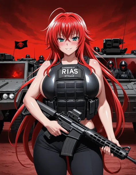 Rias Gremory, big breasts, (((bulletproof vest))), (((tactical military black pants))), soldier of hell, (((shiny skin))), in a hell, red sky, demon paradise, sexy pose, evil smile, blushing, holding a rifle, War zone, armored vehicles, special operations,...