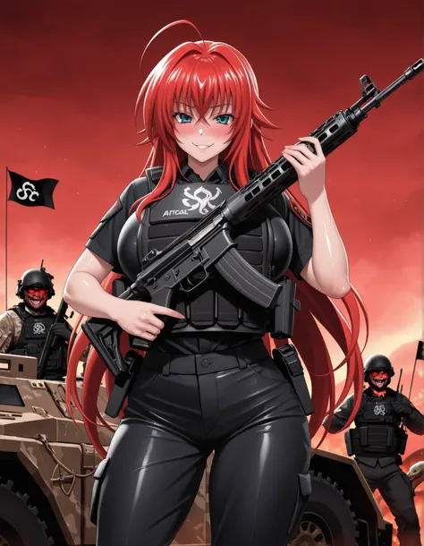 Rias Gremory, big breasts, (((bulletproof vest))), (((tactical military black pants))), soldier of hell, (((shiny skin))), in a hell, red sky, demon paradise, sexy pose, evil smile, blushing, holding a rifle, War zone, armored vehicles, special operations,...