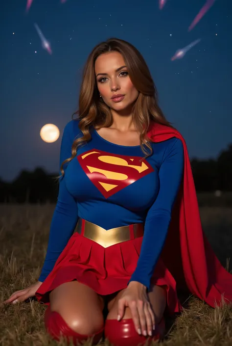 Create a masterpiece sexy portfolio with an image of Corey Chase (with long hair) dressed in a 1980's Supergirl costume that fits tightly to her body as if glued. The superman logo on her chest has stretch marks on the fabric due to the size of her breasts...