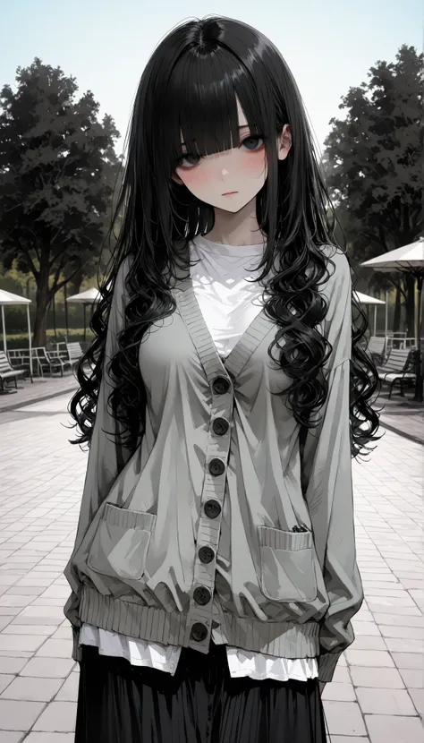 top quality, masterpiece, ultra-precise, ((top quality, masterpiece:1.3)), (sharp focus:1.2), (alone, is tall.), (black eyes), (layered cut long hair, curls, black hair, straight bangs), (A quiet park, outdoor, panoramic background, blue sky), blush, mediu...