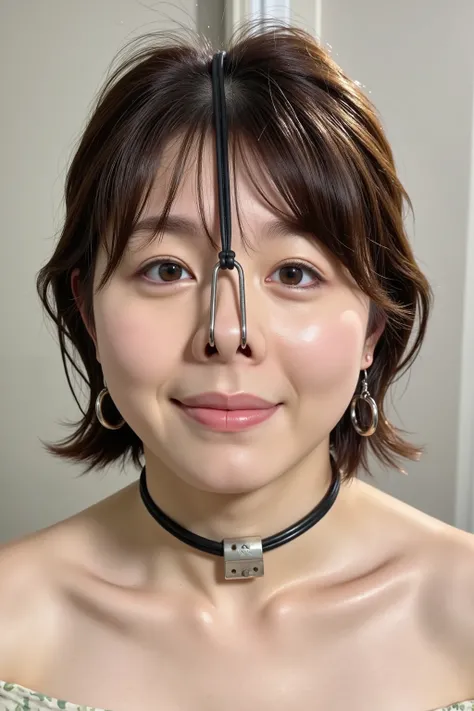A high resolution photograph of a Japanese adult woman, masterpiece, photo-realistic, natural lighting, film grain, portrait, fashion shoot, solo, 1girl, off-shoulder dress, short brown hair with bangs, detailed face, detailed eyes, sophisticated nose, pal...