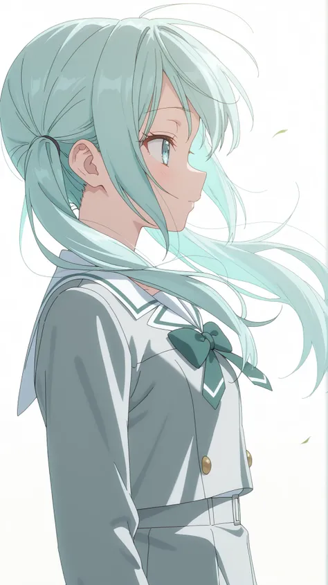 ultra high definition, simple white background, cute girl , light Aqua hair ,straight short haire school uniform, side profile with twin-tails,strong wind, hair fluttering