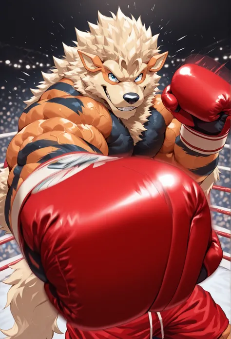 zPDXL3, pov_boxing, mercilessly punching_the_viewer, foreshortening, motion blur, red boxing gloves, red boxing trunks, depth of field, extreme perspective, closeup, action shot, boxing, dynamic punching pose, motion lines, impact lines, mercilessly barr...