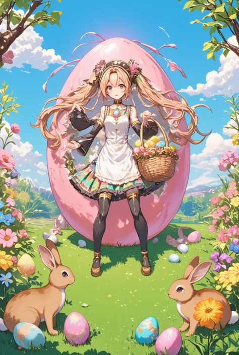 ( masterpiece、 best quality、 best quality、Official Art、 beautiful and beautiful :1.2)、(one girl:1.3) Hatsune Miku、twin tails, beautiful breasts,(masterpiece), best quality, holds a clear spring day , in a meadow full of flowers, a girl in colorful dre...