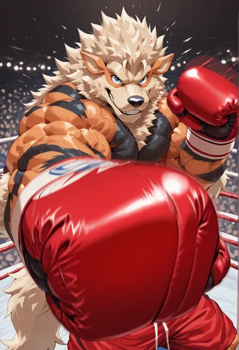 zPDXL3, pov_boxing, mercilessly punching_the_viewer, foreshortening, motion blur, red boxing gloves, red boxing trunks, depth of field, extreme perspective, closeup, action shot, boxing, dynamic punching pose, motion lines, impact lines, mercilessly barr...