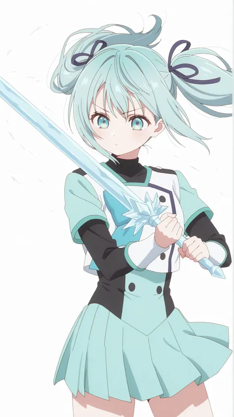 ultra high definition, simple white background, cute girl , light Aqua hair ,straight short haire battle uniform,  twin-tails,strong wind, hair fluttering,wielding an ice sword,zoom
