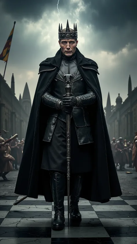 Mads Mikkelsen reimagined as the living embodiment of the black chess king, walking forward across an obsidian chessboard under stormy skies, 1 male,  
He wears a regal black and silver king’s robe layered over sculpted black armor that glimmers with volca...