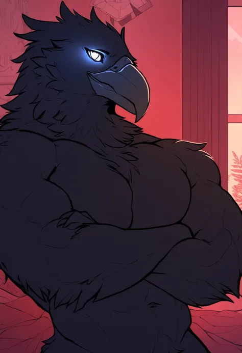 Solo, furry, male, raven, demon, lush black feathers, glowing eyes, huge physique, arms crossed, bedroom background, detailed, hi_res, flat color