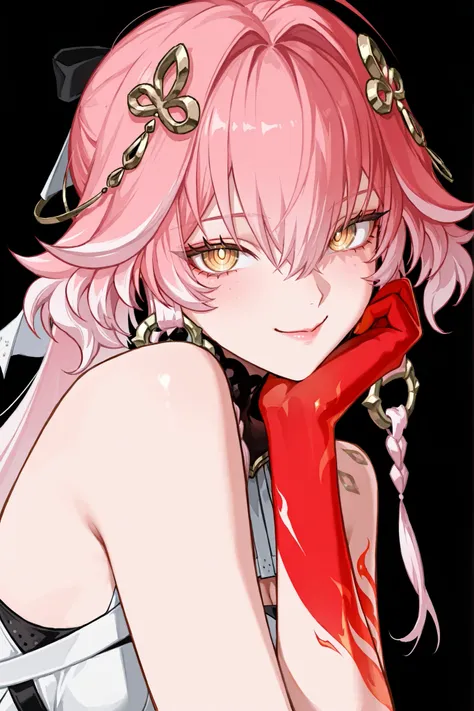 Персонаж changli из wuthering waves, soft pink hair to the shoulders,  tips white , very big eyes, with her eyes , surprisingly wide patterns, yellow eyes , Glass retina,   clothes of the changli character from the wuthering waves game ,   big plump lips  ...