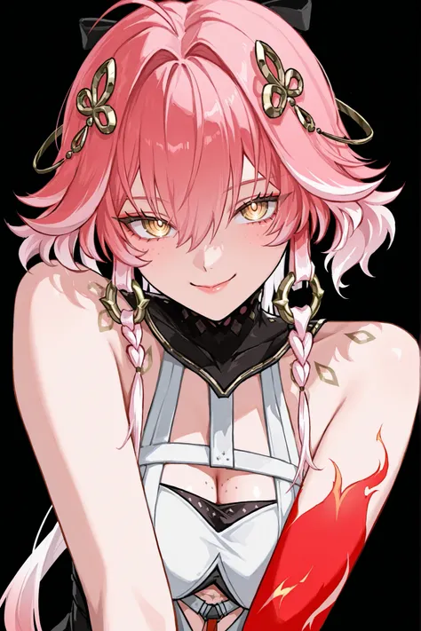 Персонаж changli из wuthering waves, soft pink hair to the shoulders,  tips white , very big eyes, with her eyes , surprisingly wide patterns, yellow eyes , Glass retina,   clothes of the changli character from the wuthering waves game ,   big plump lips  ...