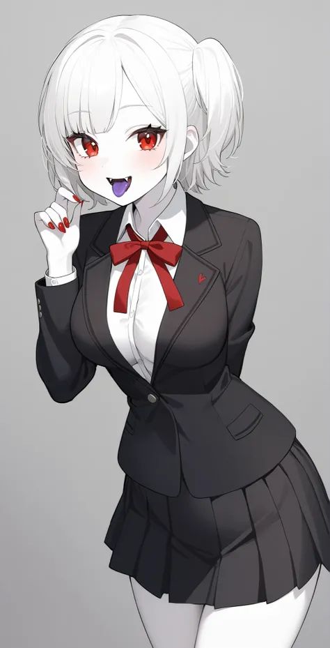 1 Girl、Korean Faces、cute hairstyle、The name is Yoo Si-yoon、red eyes、has fangs、vampire、vampire化College Student、vampire学園の生徒、College Student、, pure white, pale skin 、pure white hair、red and black skirt、Red and Black Blazer、shirt、taller than 170 cm、vampire学園の...