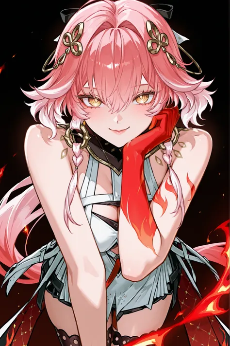 Персонаж changli из wuthering waves, soft pink hair to the shoulders,  tips white , very big eyes, with her eyes , surprisingly wide patterns, yellow eyes , Glass retina,   clothes of the changli character from the wuthering waves game ,   big plump lips  ...