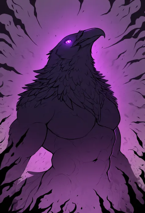 Solo, furry, male, raven, demon, lush black feathers, glowing eyes, purple eyes, huge physique, dispersing into black mist, detailed, hi_res, flat color