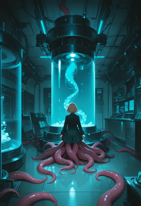 Girl in a culture tank. Girl with tentacles. Great Old One girl. Big girl. Cylindrical culture tank. Dark laboratory. Tank in the center of the room. Small researchers.