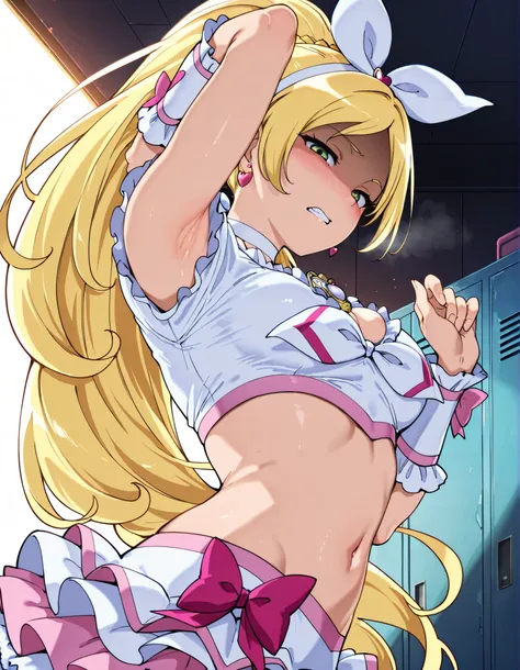 anime coloring, cure rhythm,green eyes, wide ponytail, sleevelesss, brooch, heart earrings, ribbon, arm warmers, cleavage, navel, 


,BREAK, armpit, arm over head, left arm over head. focus on armpit,
grossed out, shaded face, ,blush,  (narrowed eyes:1.2),...