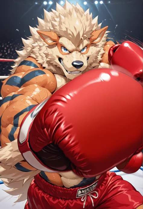 zPDXL3, pov_boxing, mercilessly punching_the_viewer, foreshortening, motion blur, red boxing gloves, red boxing trunks, depth of field, extreme perspective, closeup, action shot, boxing, dynamic punching pose, motion lines, impact lines, relentlessly barra...
