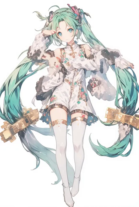 ( masterpiece、 best quality、 best quality、Official Art、 beautiful and beautiful :1.2) Hatsune Miku、light green twin tails, beautiful breasts, milky white skin, Puppy Ears, fluffy puppy tail, white hair, messy hair, long hair, Curtain bangs , pale blu...
