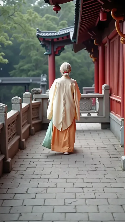 Large Panorama,{temple:Back view of a woman:1.9},Beautiful woman with short blond hair,clothing{【Clothes :Light beige Chinese collared robe,Large loose sleeves;The skirt has a gray-green base and a pink floral pattern,Pair it with an orange-brown belt acce...