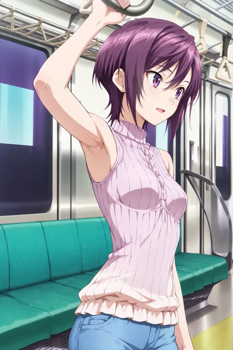 anime screencap,digital art,in the train,from behind,looking away,standing,holding hand grip,(beautiful women,slender,19 years old, purple eyes, purple short hair,small breasts,sleeveless,ribbed blouse,underwear,armpits,blue denim pants),light smile,open m...