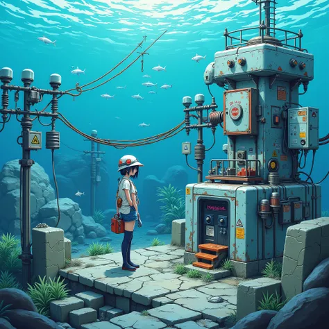   SMALL WORLD, Little People's Tiny Town ,Genuine,   Microworld  ,cyberpunk, 1 girl, (Hatsune Miku), Miku, Machine, Electric shock warning area, electrician, helmet with face armor, electrical appliances, high voltage wires, Circuit breaker, electrical pre...