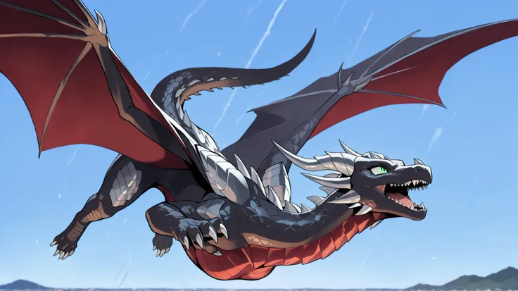 anime style, anime shading, clean lines, masterpiece, best quality, full body picture, centered, enderdragon, feral, dragon, female dragon, 1girl, long horns, wings, claws, tail, green eyes, perfect eyes, (overlapping red chest scales), dark silver scales,...